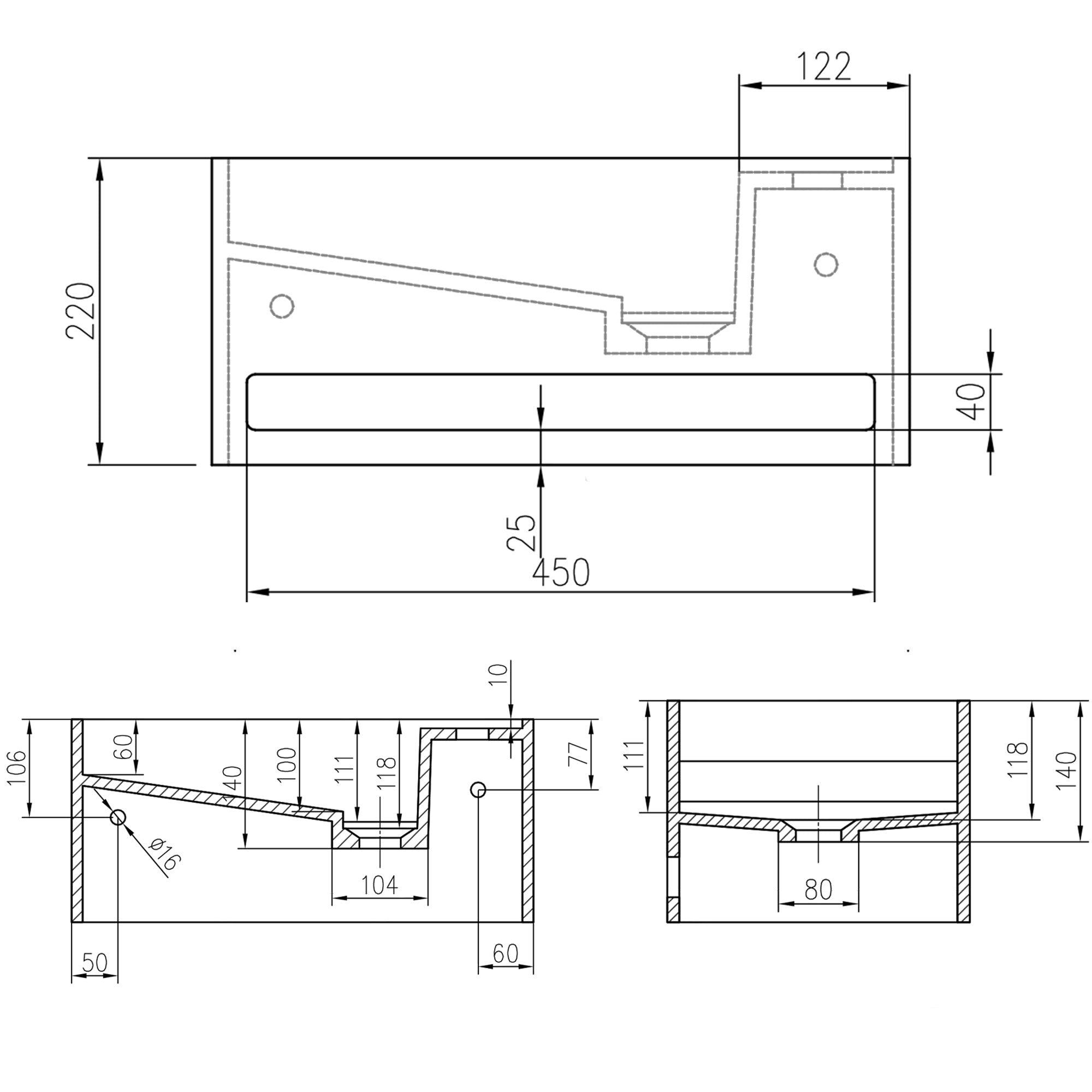 Lavabo sospeso PB2078 in pietra solida (Solid Stone) - 50 x 30 x 22 cm - bianco opaco - con porta asciugamani integrato