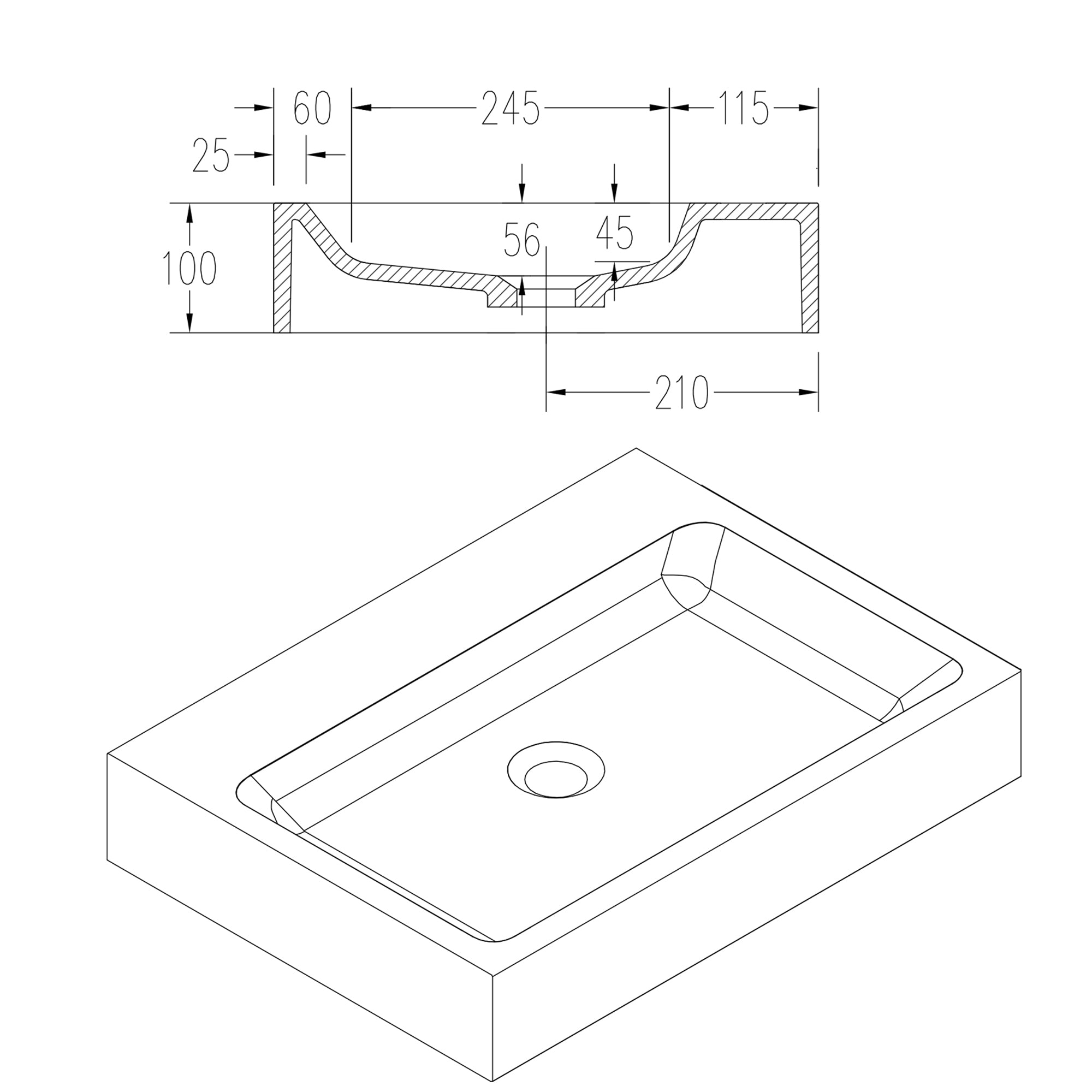 Vasque à poser ou lavabo à suspendre PB2142 en solide surface (Solid Stone) – blanc mat – 60 x 42 x 10 cm