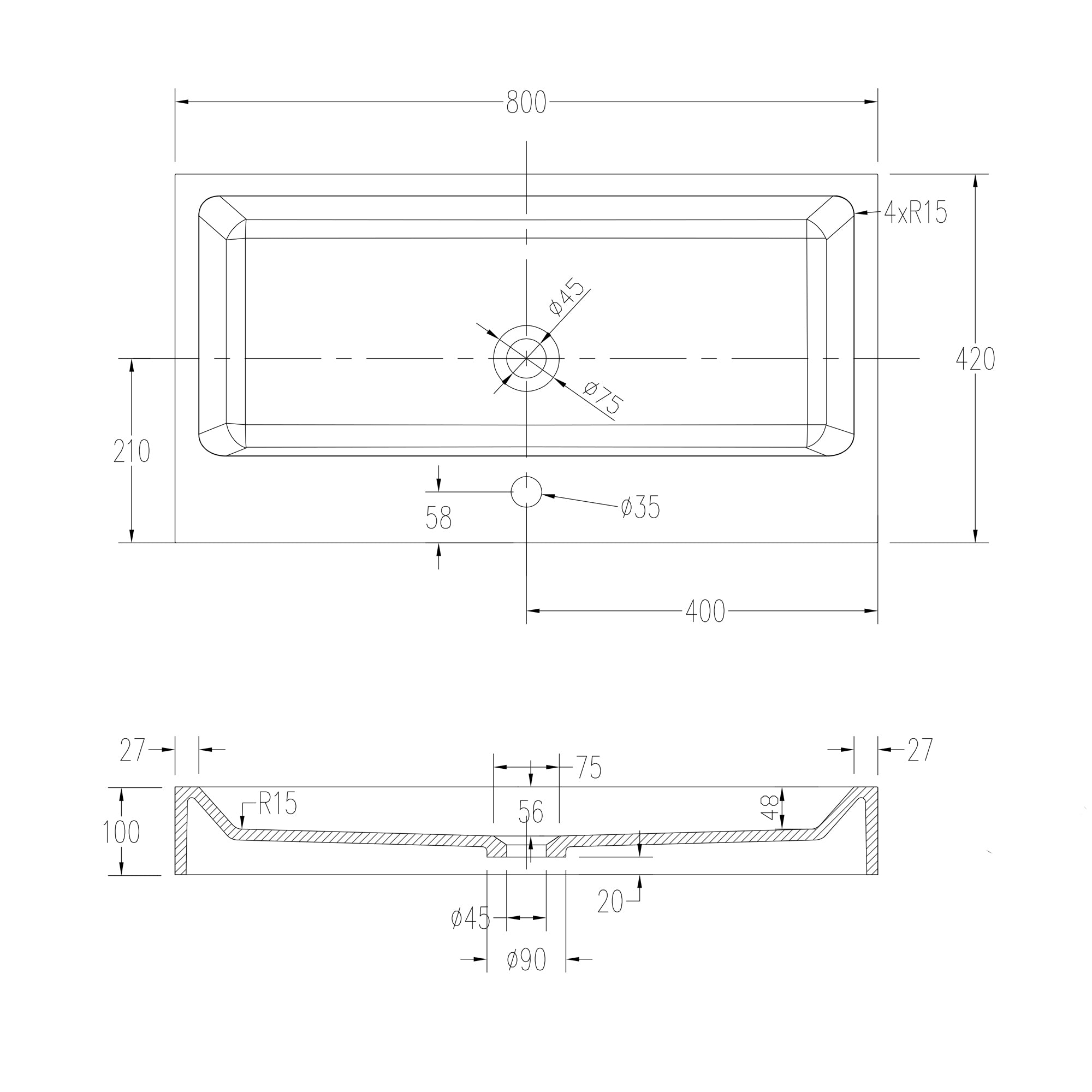 Vasque à poser ou lavabo à suspendre PB2143 en solide surface (Solid Stone) – blanc mat –  80 x 42 x 10 cm