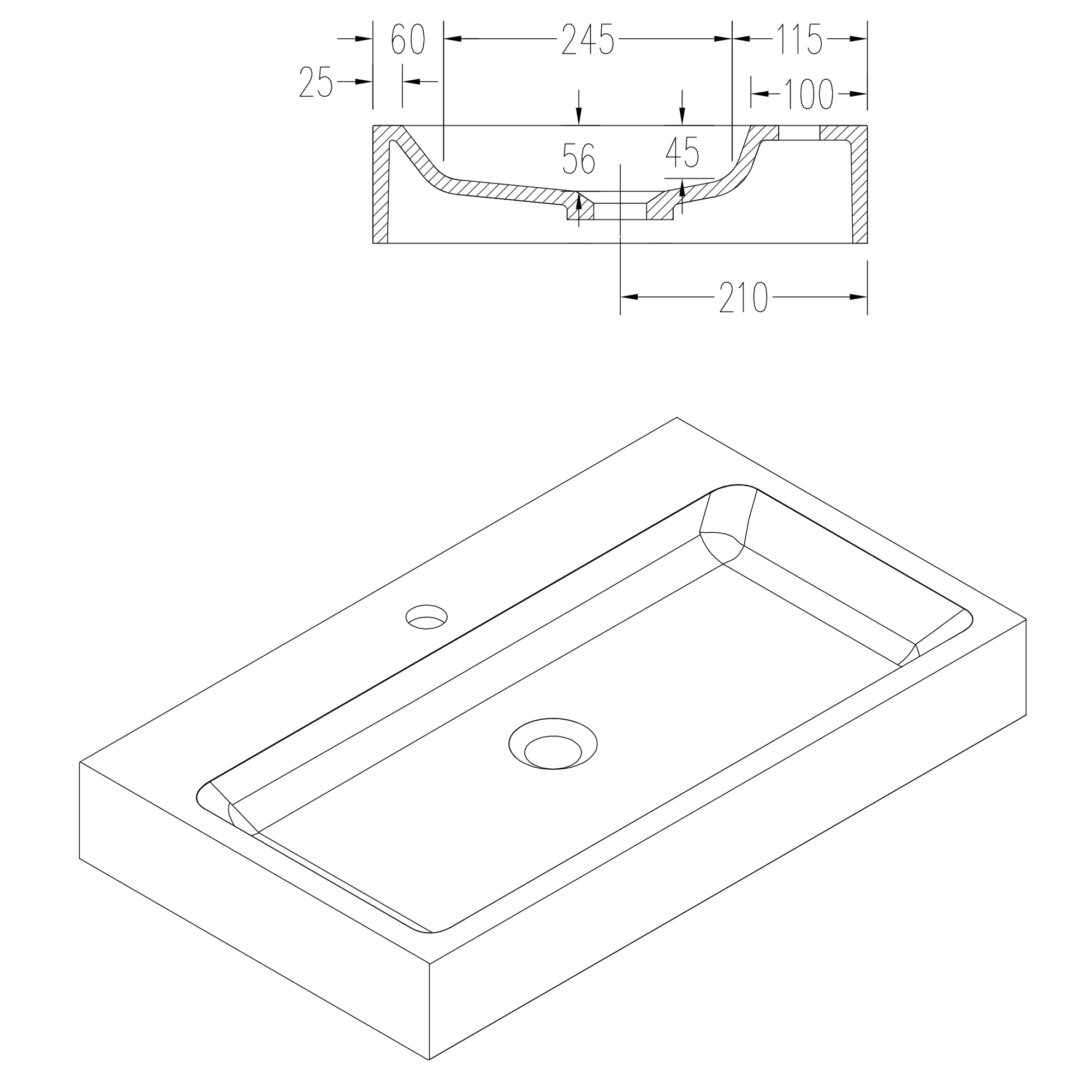 Vasque à poser ou lavabo à suspendre PB2143 en solide surface (Solid Stone) – blanc mat –  80 x 42 x 10 cm