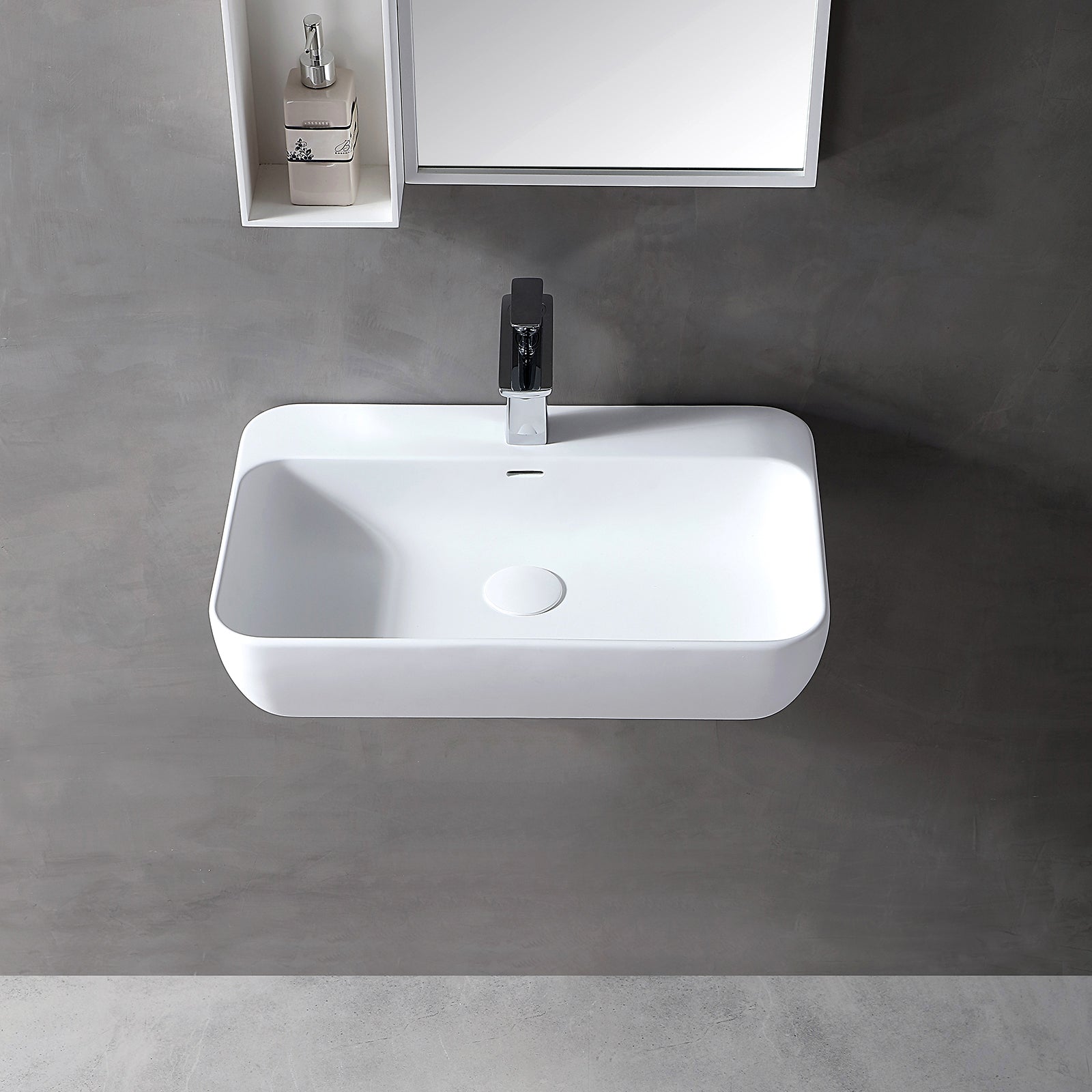 Lavabo a parete o da appoggio TWG201 solid surface (Solid Stone) – bianco opaco – 60 x 40 x 14 cm