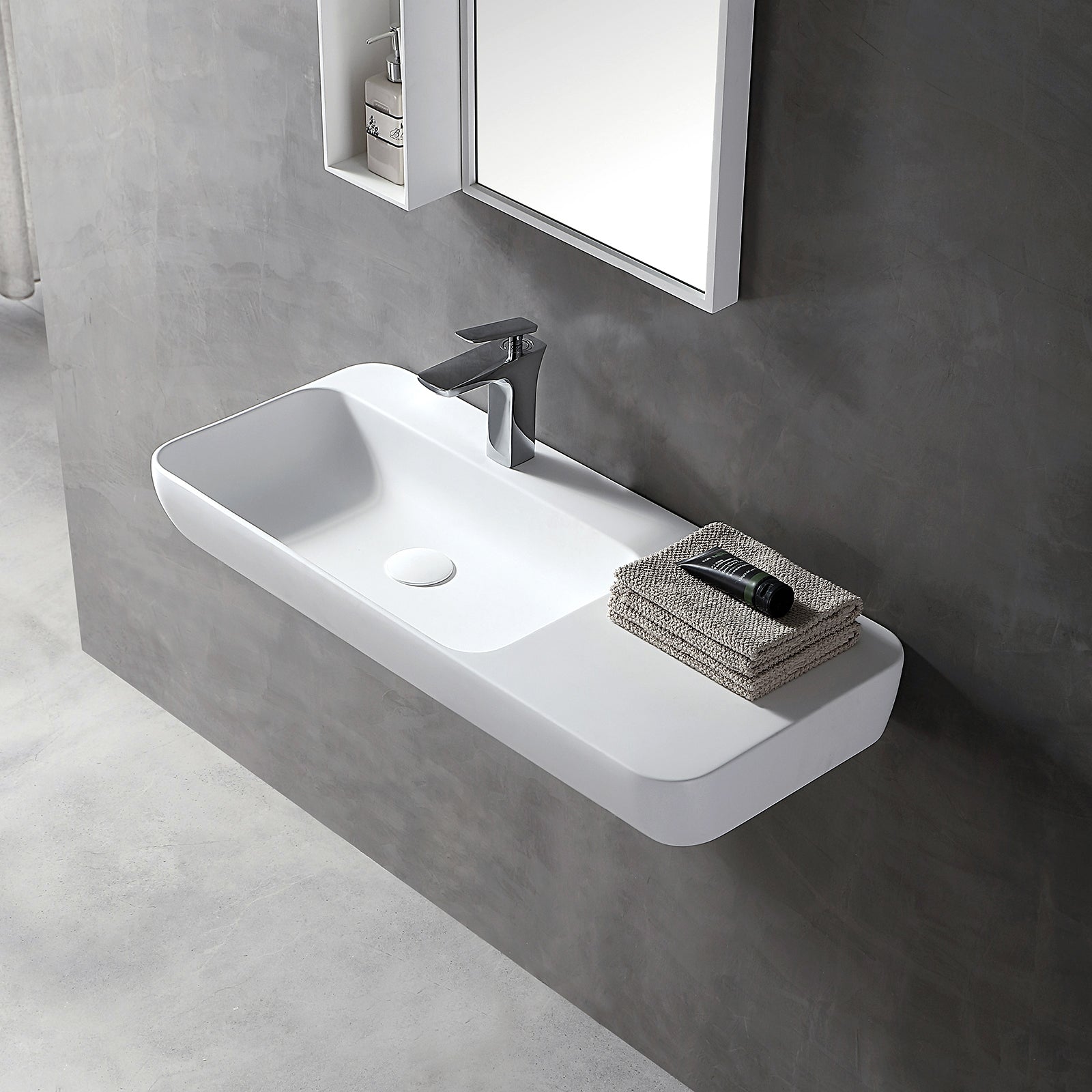 Lavabo sospeso o da appoggio TWG202 con vano portaoggetti laterale - Solid Stone - bianco opaco - 90x40x12cm