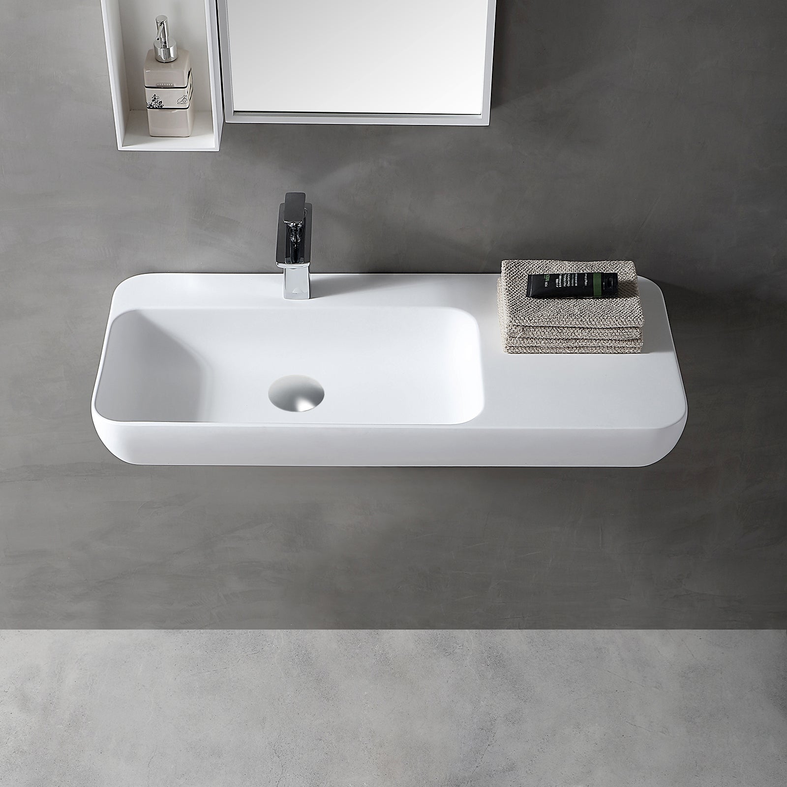 Lavabo sospeso o da appoggio TWG202 con vano portaoggetti laterale - Solid Stone - bianco opaco - 90x40x12cm